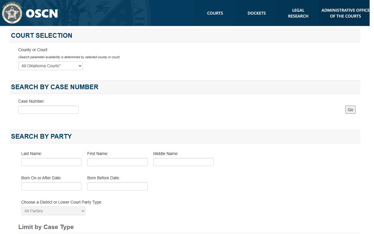 OSCN docket search screen for Oklahoma court case lookup